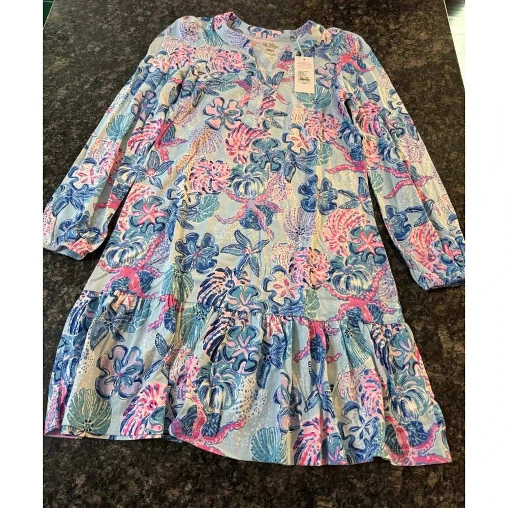 Lilly Pulitzer Alyssa Long Sleeve Dress Blue Pink Floral Ruffle Hem Mini XXS - Picture 4 of 7